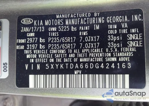 2013 Kia Sorento Lx z USA, uszkodzony, nr VIN 5XYKTDA66DG424163